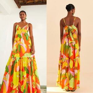 FARM Rio Neon Floral Tiered Cotton Maxi Dress - Small